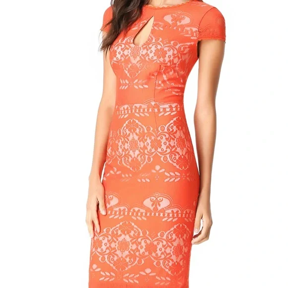 Bebe Orange Lace Keyhole MIDI Dress